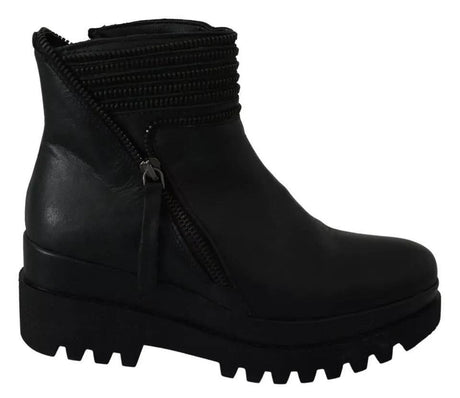 Ovyé Black Leather Zipper Ankle Boots Shoes - Hilstor