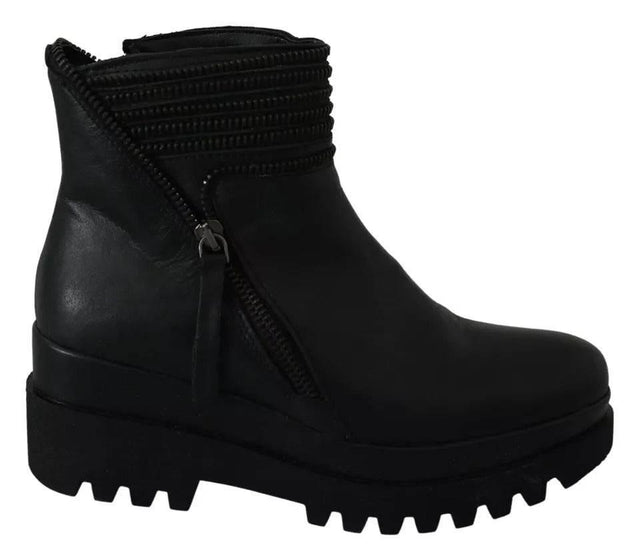 Ovyé Black Leather Zipper Ankle Boots Shoes - Hilstor