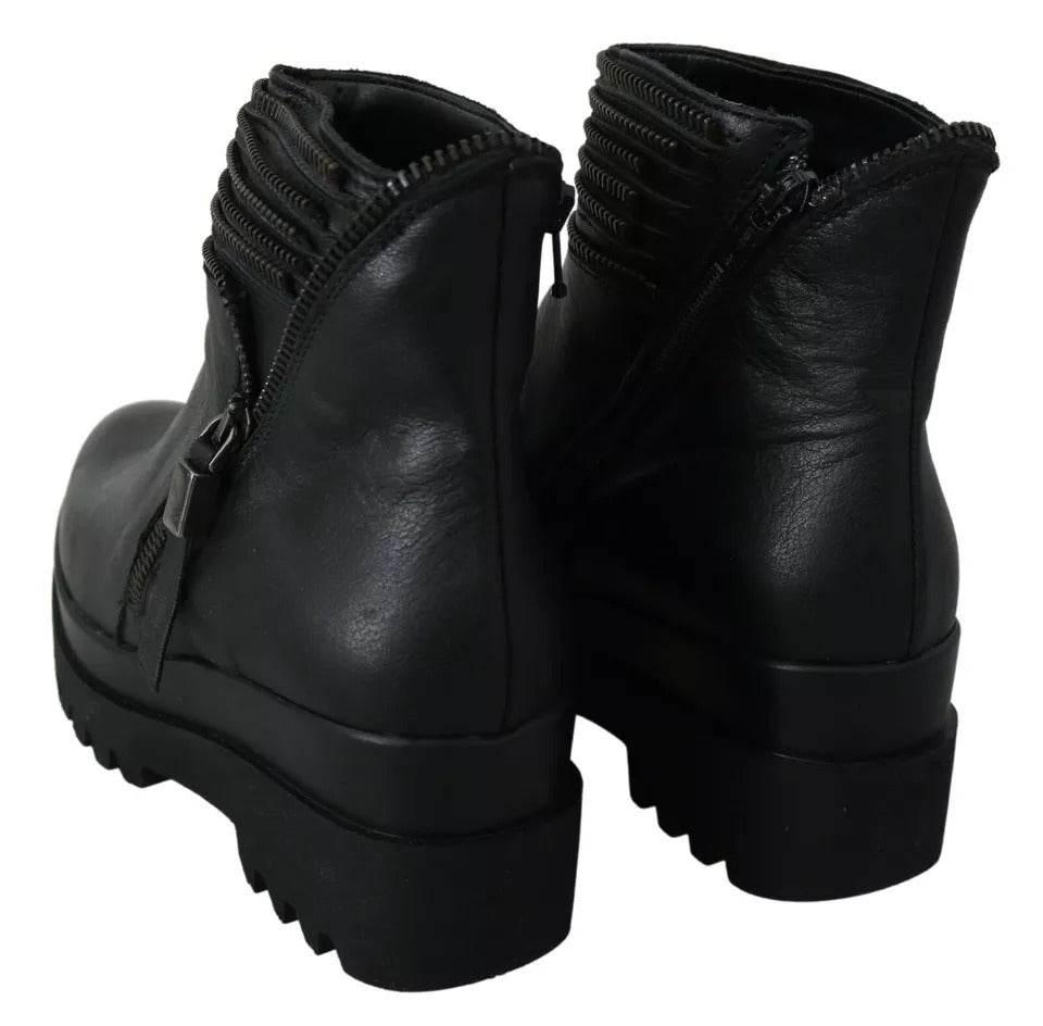 Ovyé Black Leather Zipper Ankle Boots Shoes - Hilstor