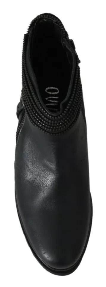 Ovyé Black Leather Zipper Ankle Boots Shoes - Hilstor