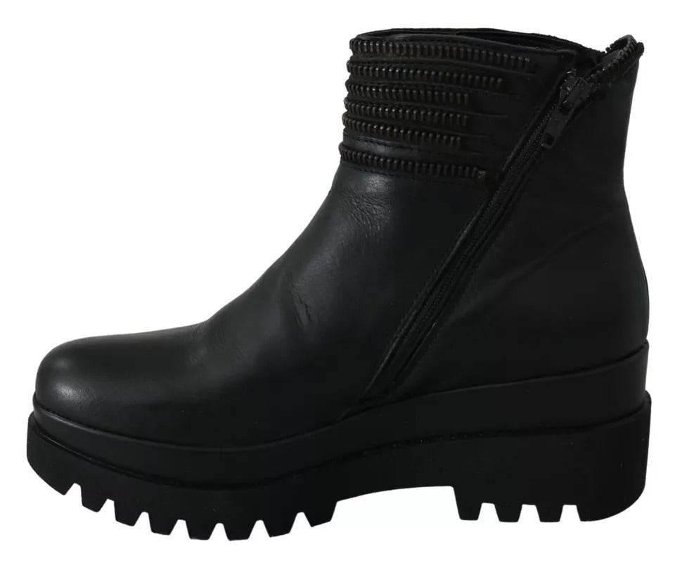 Ovyé Black Leather Zipper Ankle Boots Shoes - Hilstor