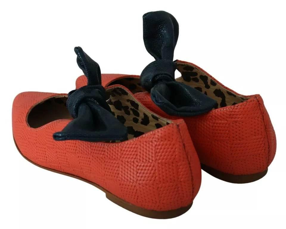 EBARRITO Orange Leather Bow Slip-on Loafers Ballet Flat Shoes - Hilstor