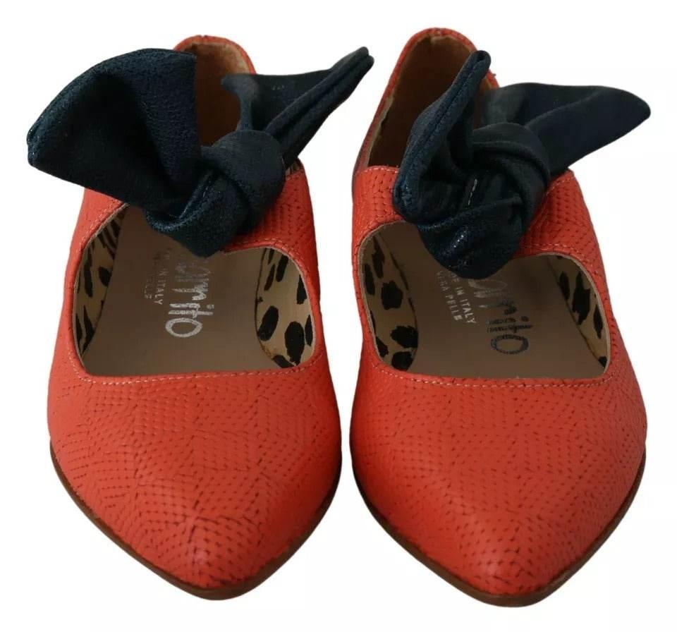 EBARRITO Orange Leather Bow Slip-on Loafers Ballet Flat Shoes - Hilstor