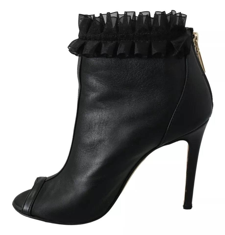 Mangano Black Leather Mesh Stiletto High Heels Peep Toe Boots Shoes - Hilstor