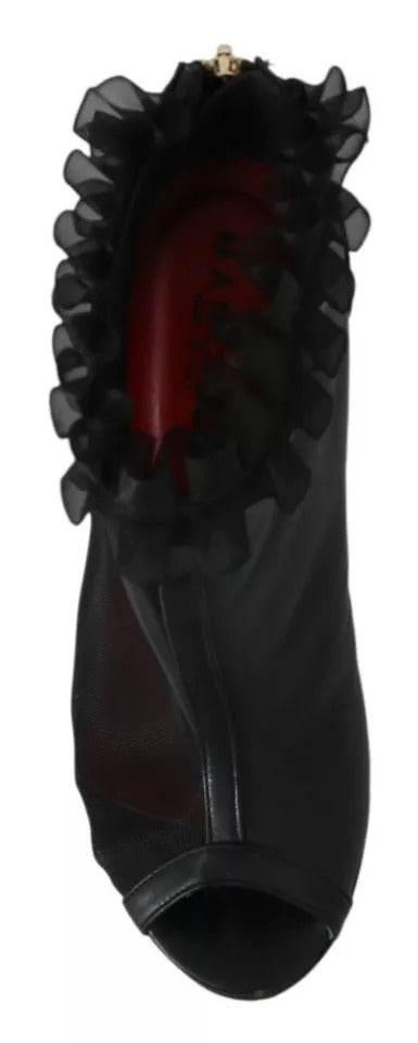 Mangano Black Leather Mesh Stiletto High Heels Peep Toe Boots Shoes - Hilstor