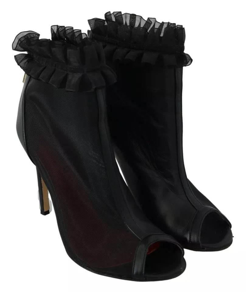 Mangano Black Leather Mesh Stiletto High Heels Peep Toe Boots Shoes - Hilstor