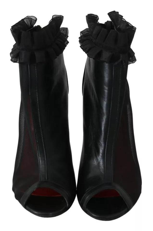 Mangano Black Leather Mesh Stiletto High Heels Peep Toe Boots Shoes - Hilstor
