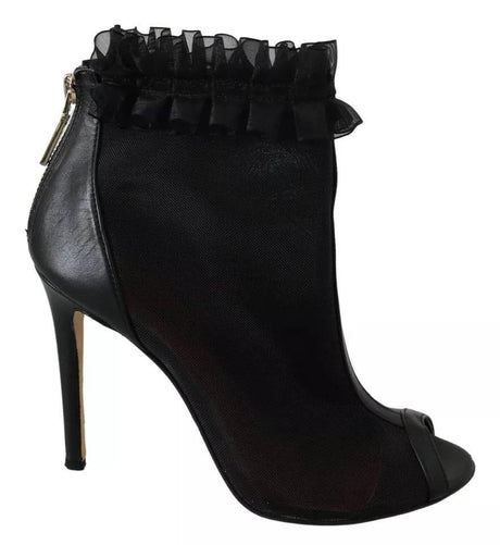 Mangano Black Leather Mesh Stiletto High Heels Peep Toe Boots Shoes - Hilstor