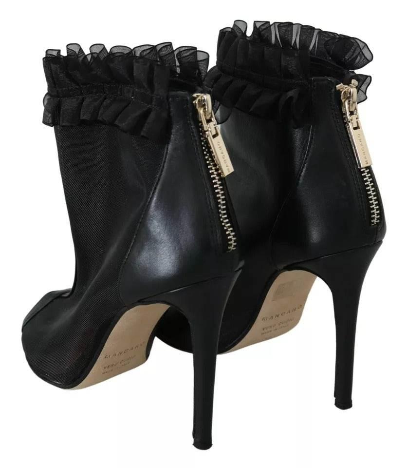 Mangano Black Leather Mesh Stiletto High Heels Peep Toe Boots Shoes - Hilstor