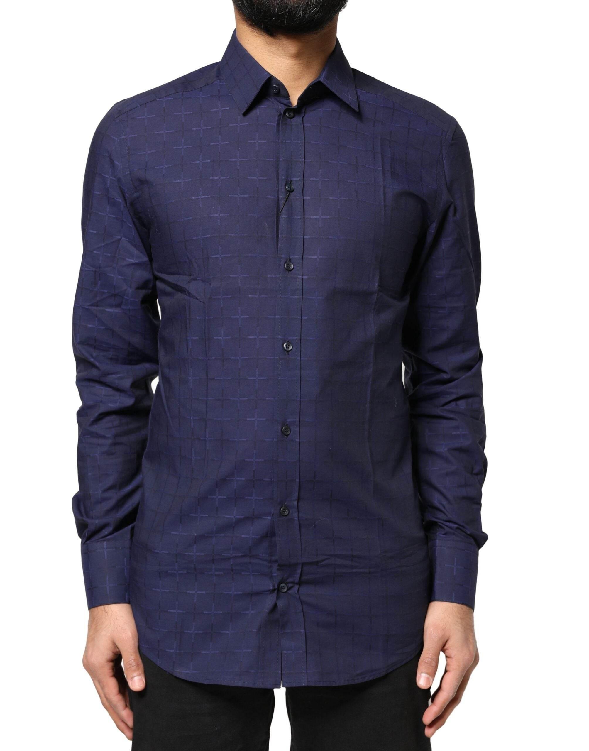 Dolce & Gabbana Blue Check Tartan GOLD Formal Dress Shirt - Hilstor
