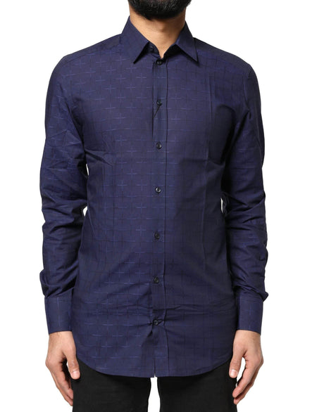 Dolce & Gabbana Blue Check Tartan GOLD Formal Dress Shirt - Hilstor