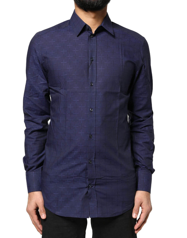 Dolce & Gabbana Blue Check Tartan GOLD Formal Dress Shirt - Hilstor