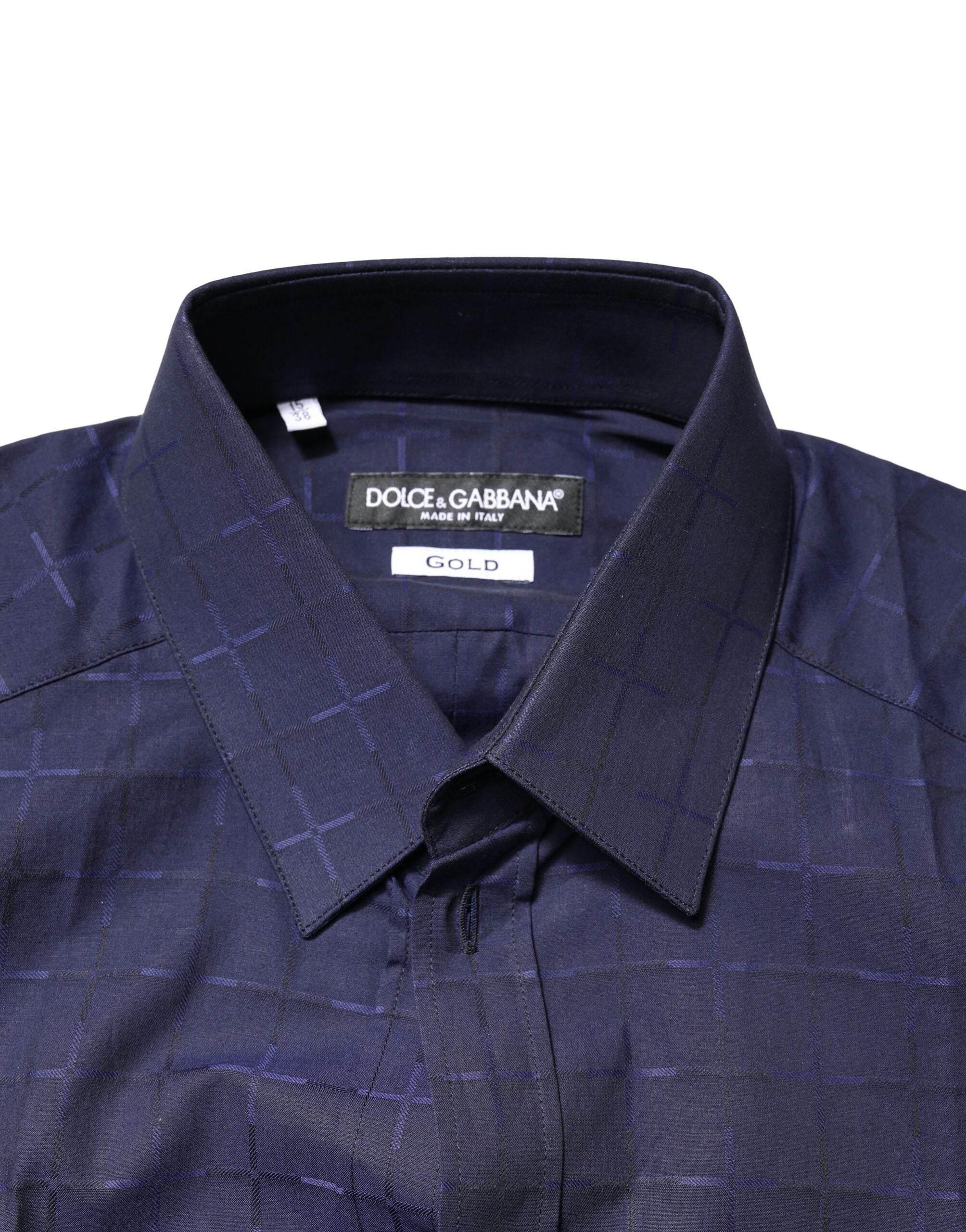 Dolce & Gabbana Blue Check Tartan GOLD Formal Dress Shirt - Hilstor