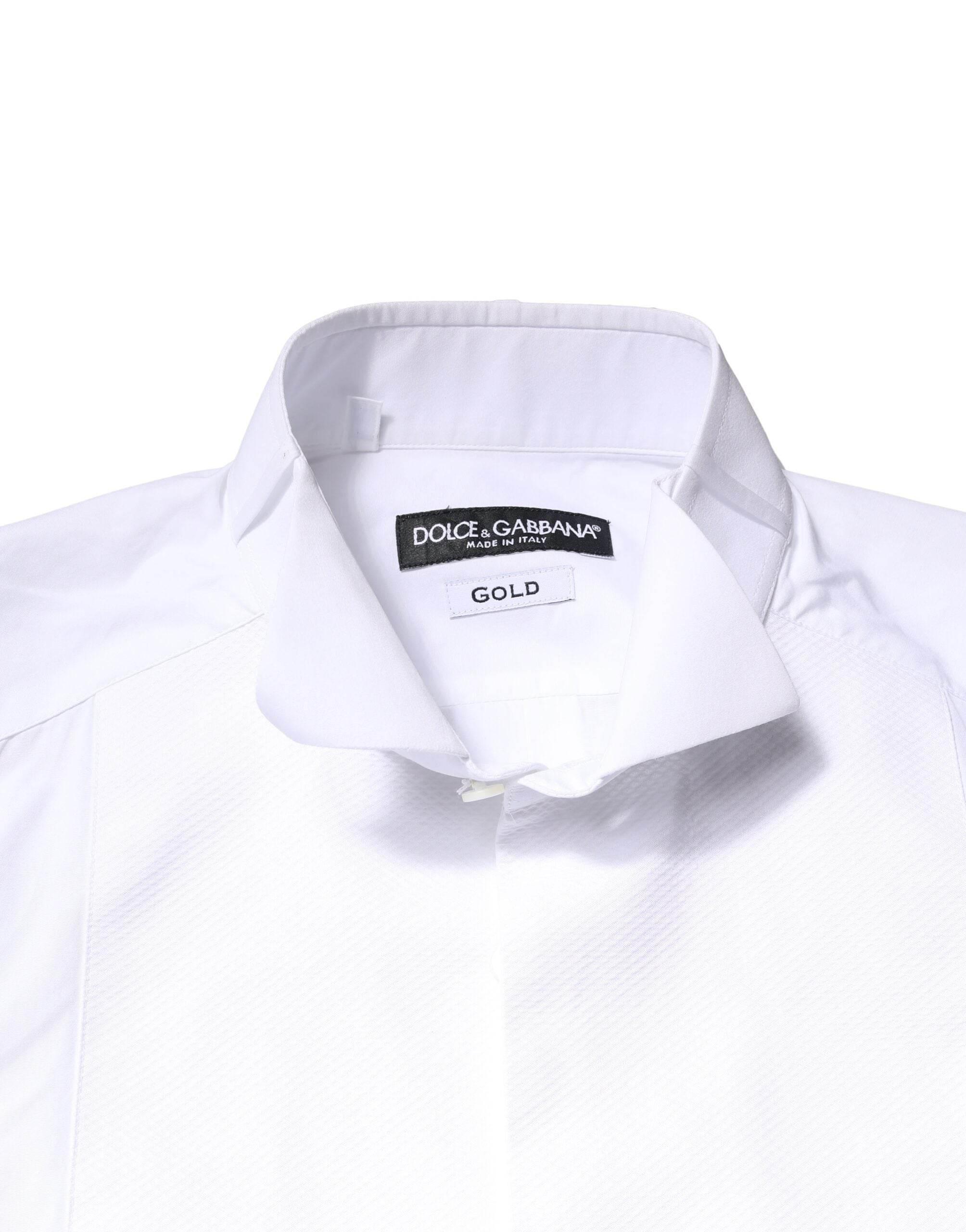 Dolce & Gabbana White GOLD Cotton Poplin Bib Formal Men Dress Shirt - Hilstor
