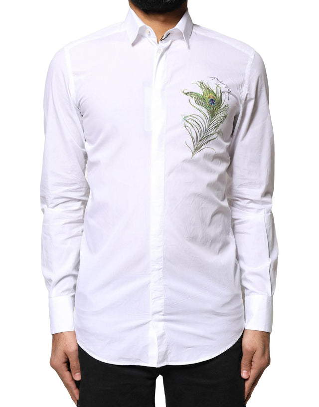 Dolce & Gabbana White Cotton Peacock Feather GOLD Formal Shirt - Hilstor