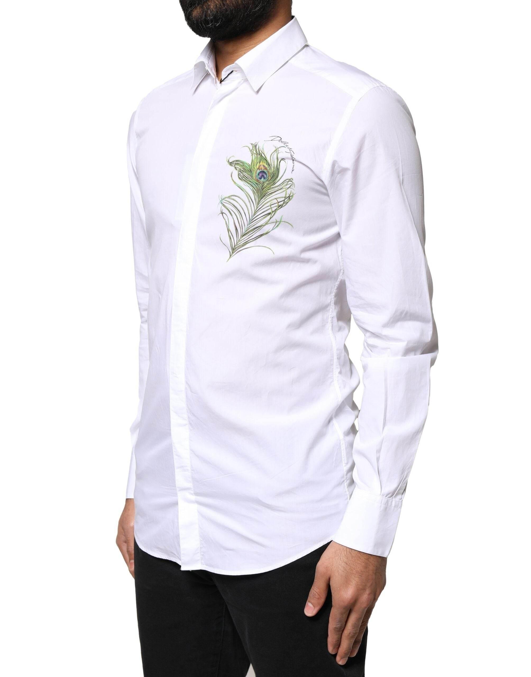 Dolce & Gabbana White Cotton Peacock Feather GOLD Formal Shirt - Hilstor