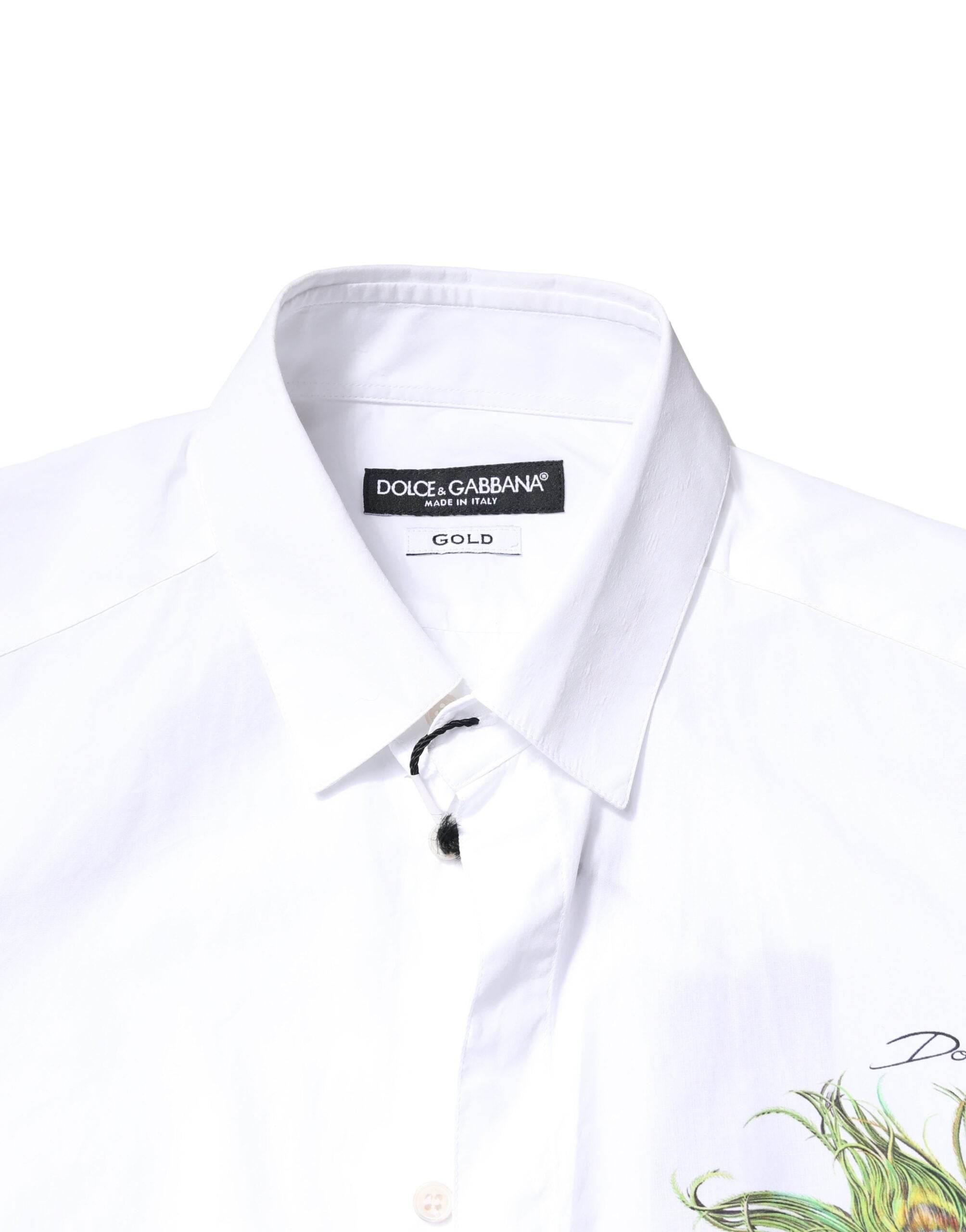 Dolce & Gabbana White Cotton Peacock Feather GOLD Formal Shirt - Hilstor