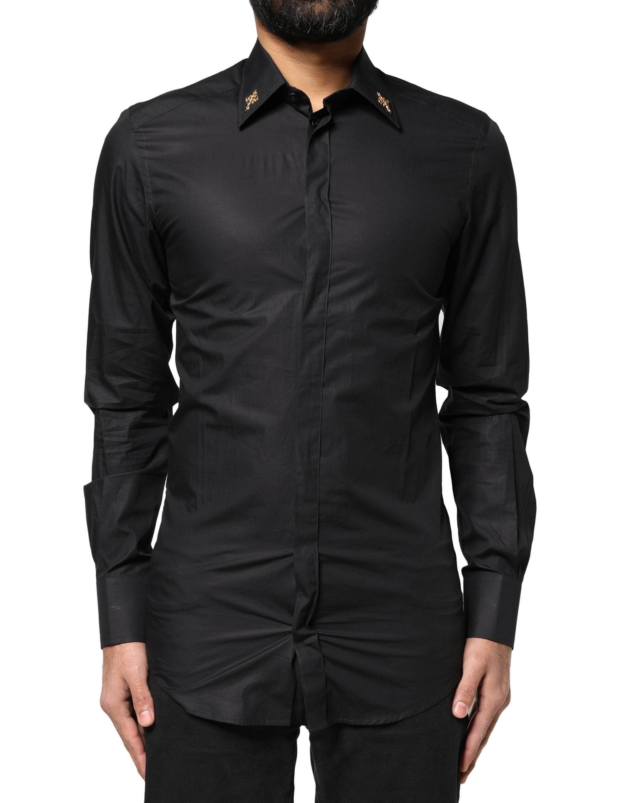 Dolce & Gabbana Black GOLD Cross Embellished Men Dress Shirt - Hilstor