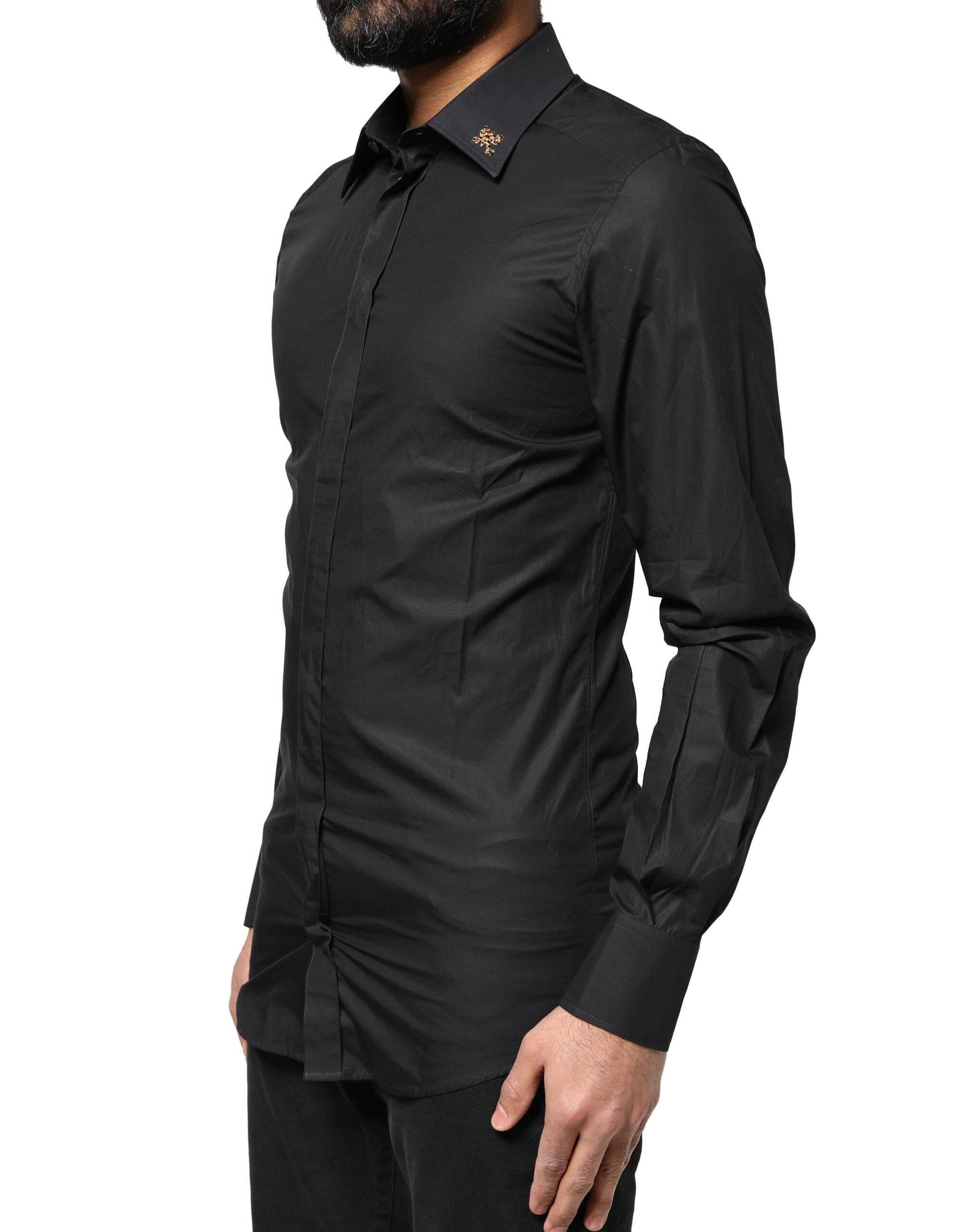 Dolce & Gabbana Black GOLD Cross Embellished Men Dress Shirt - Hilstor