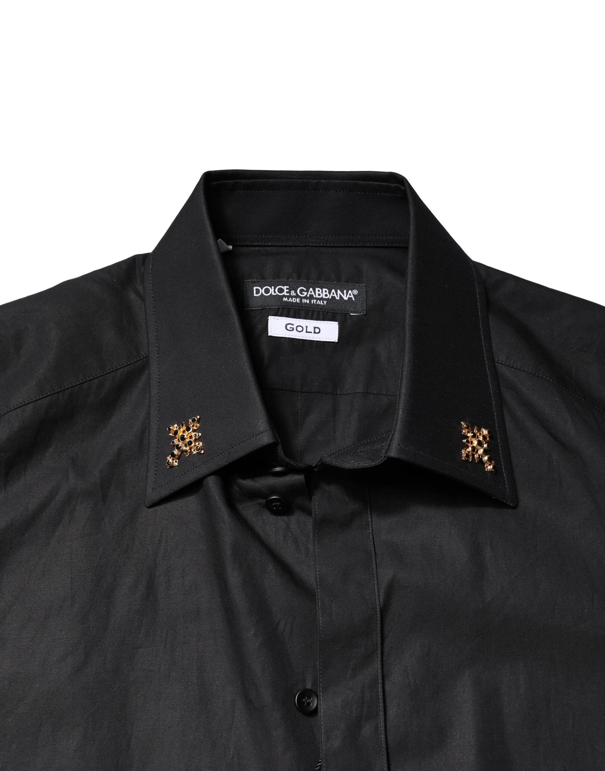 Dolce & Gabbana Black GOLD Cross Embellished Men Dress Shirt - Hilstor