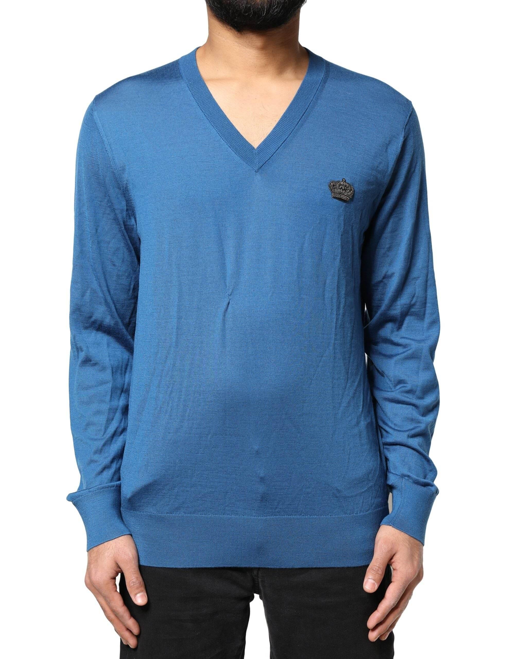 Dolce & Gabbana Blue Cashmere Crown V-neck Pullover Sweater - Hilstor