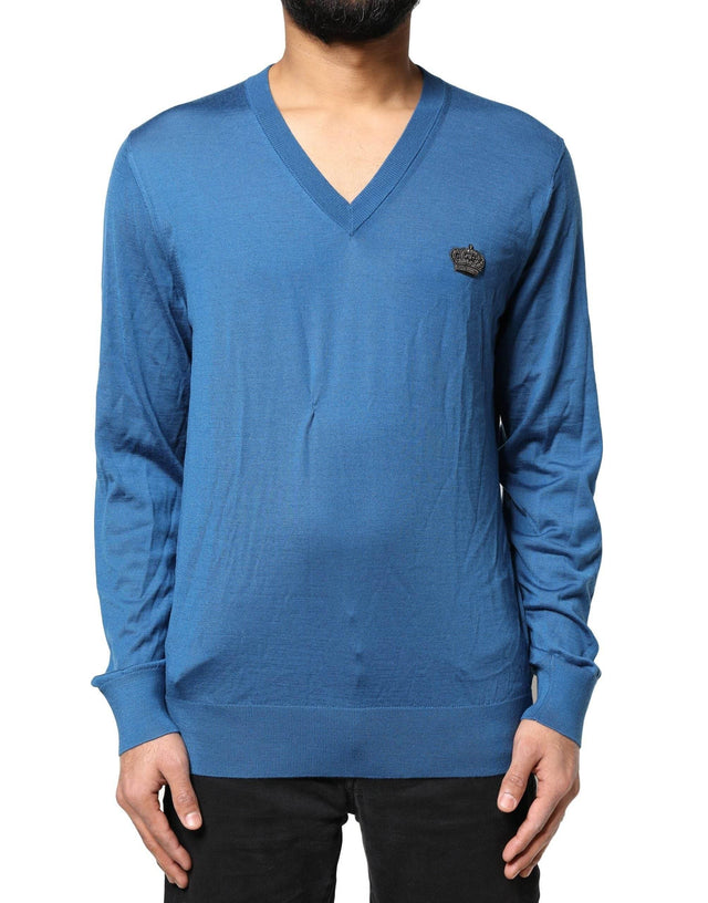 Dolce & Gabbana Blue Cashmere Crown V-neck Pullover Sweater - Hilstor
