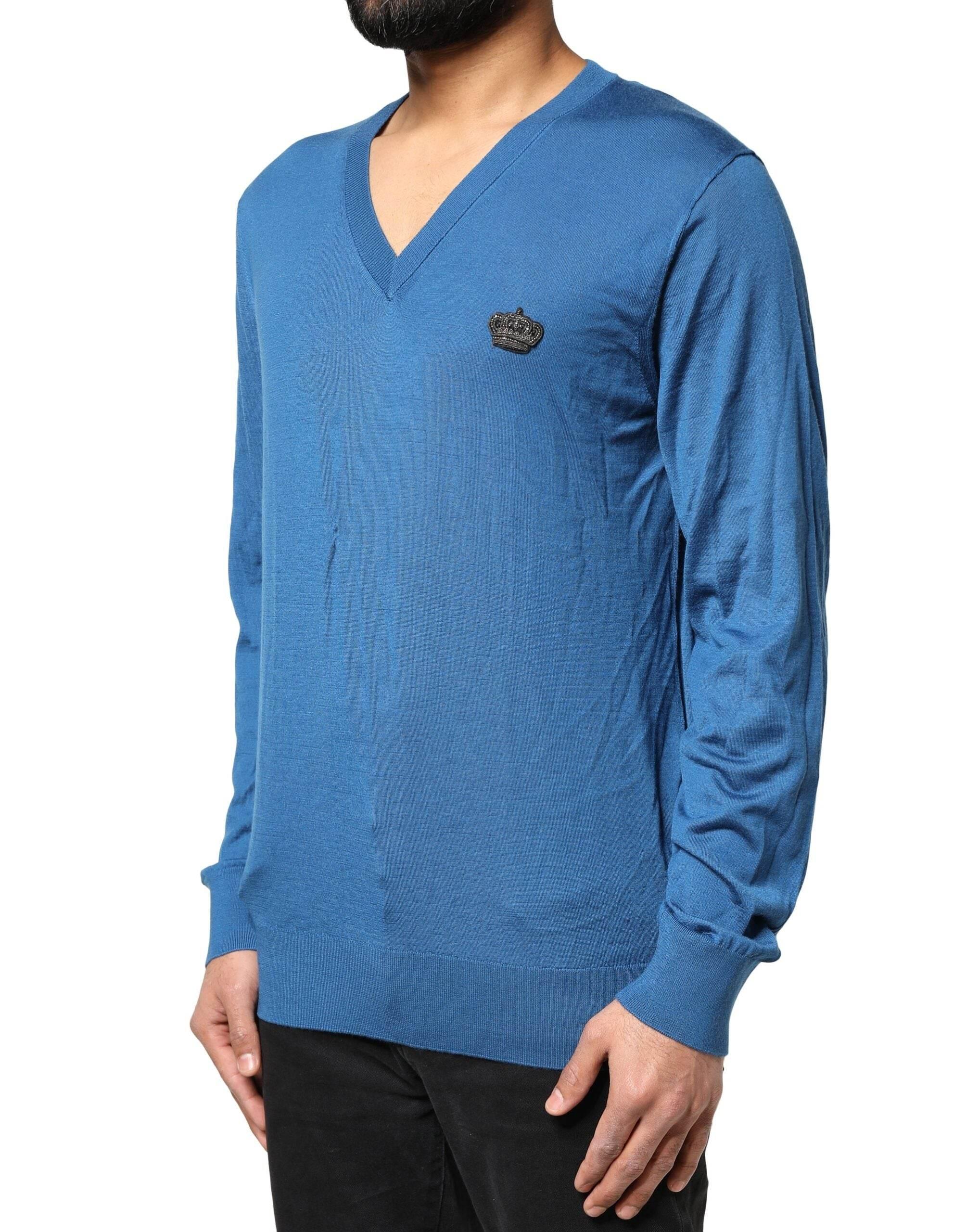 Dolce & Gabbana Blue Cashmere Crown V-neck Pullover Sweater - Hilstor