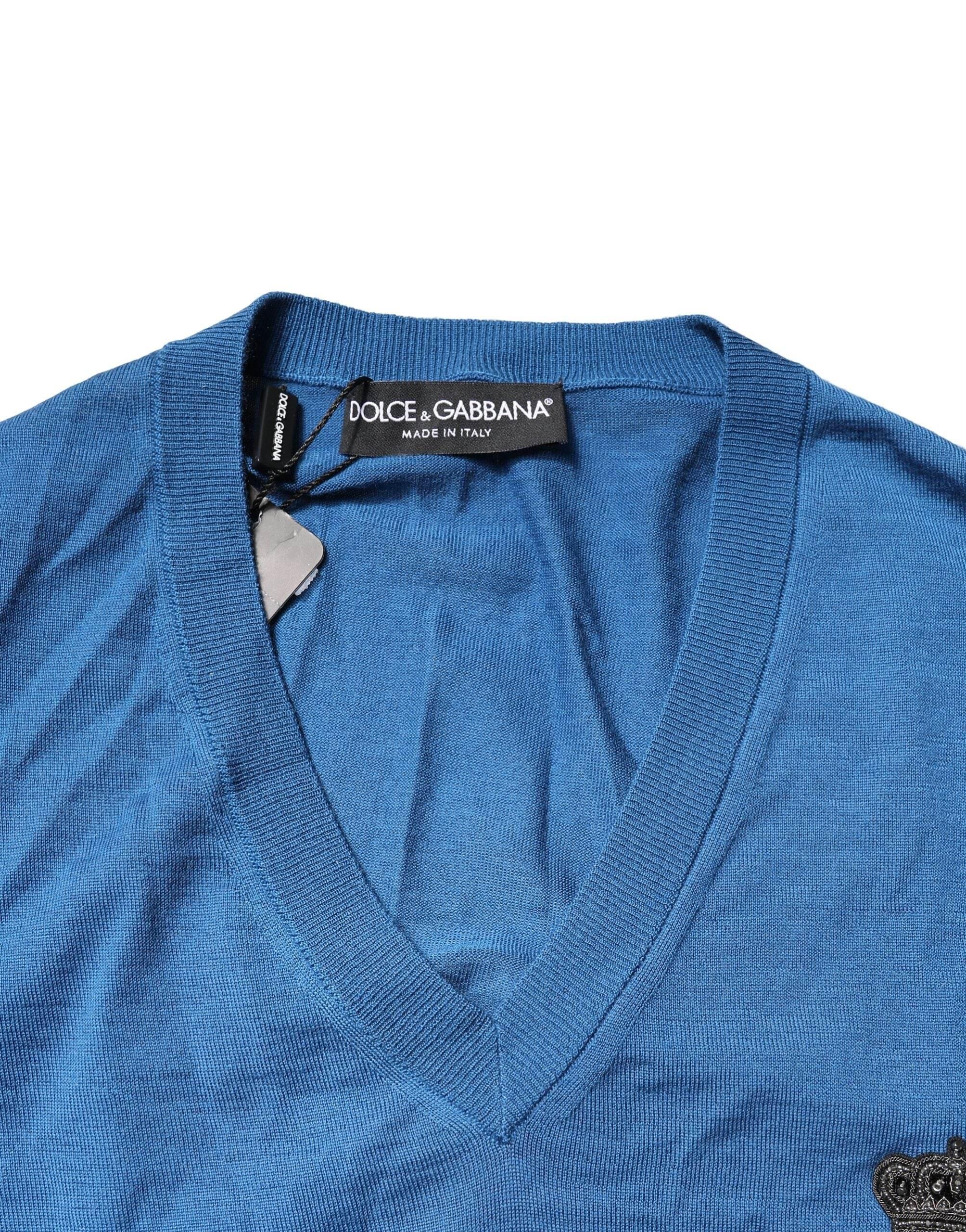 Dolce & Gabbana Blue Cashmere Crown V-neck Pullover Sweater - Hilstor