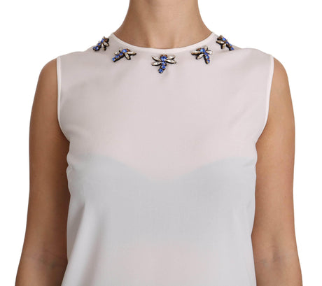 Dolce & Gabbana White Silk Embellished Crystal Dragonfly Top - Hilstor