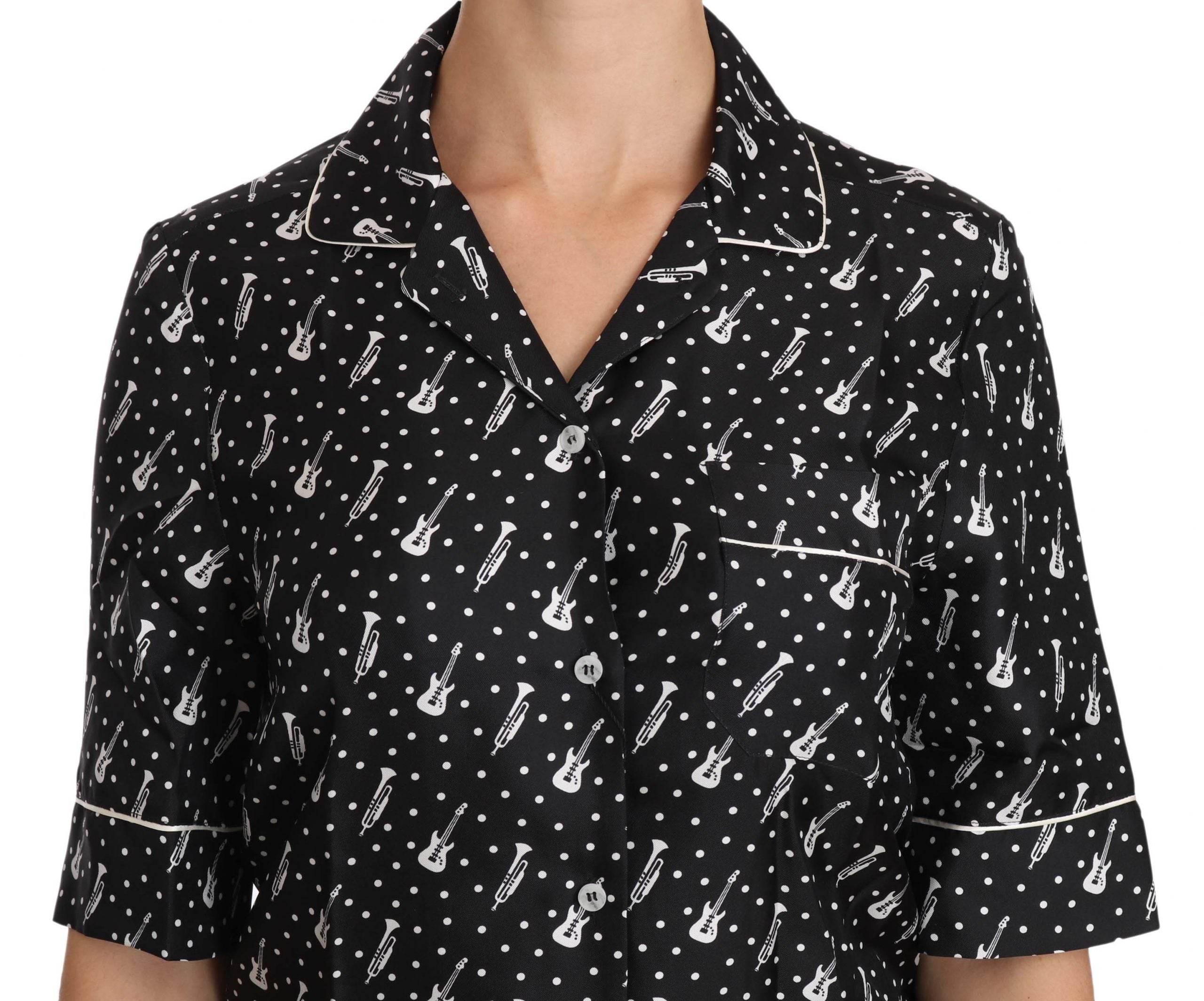 Dolce & Gabbana Black GuitarTrumpet Print Silk Shirt Top - Hilstor