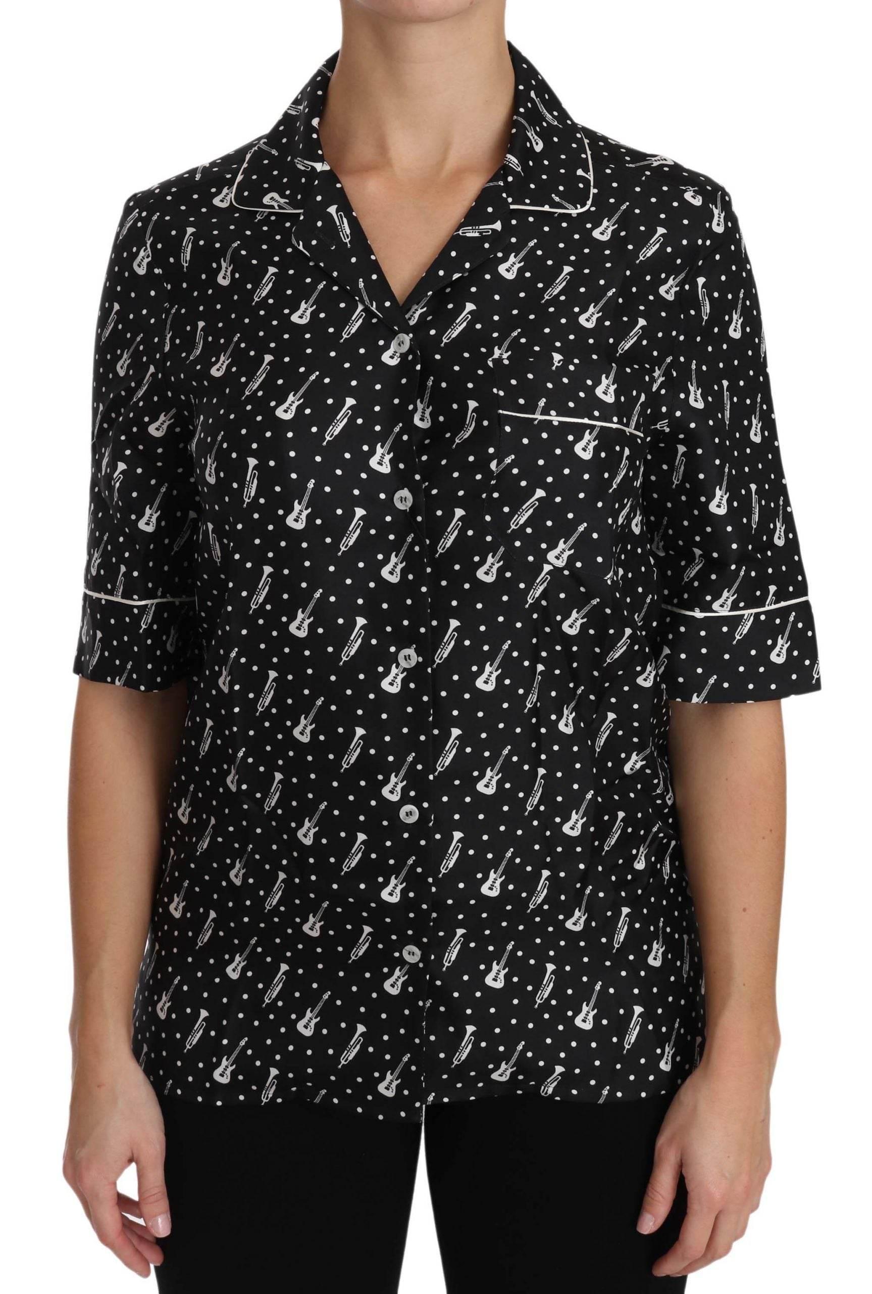 Dolce & Gabbana Black GuitarTrumpet Print Silk Shirt Top - Hilstor