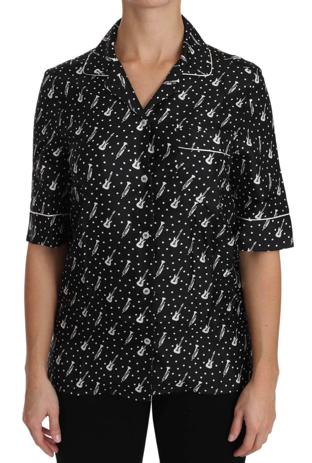 Dolce & Gabbana Black GuitarTrumpet Print Silk Shirt Top - Hilstor