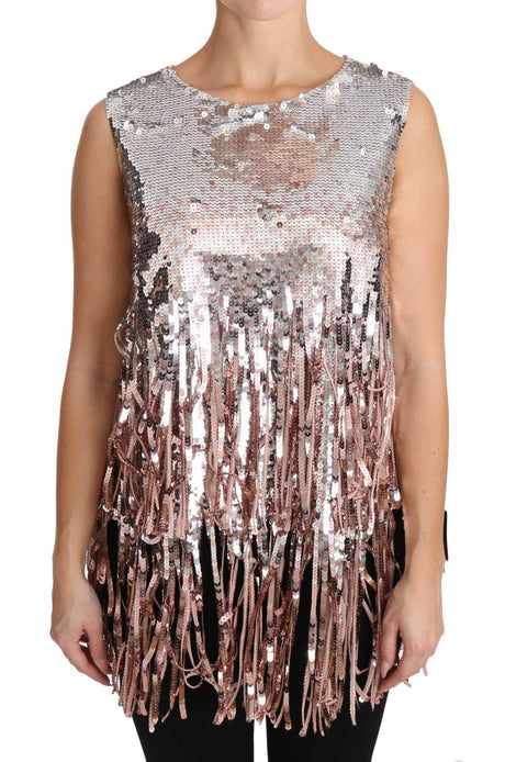 Dolce & Gabbana Golden Pink Sequined Fringe Tank Top - Hilstor