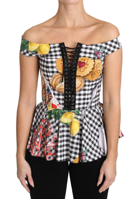 Dolce & Gabbana Black and White Corset Blouse Sicily Lemon Check Top - Hilstor