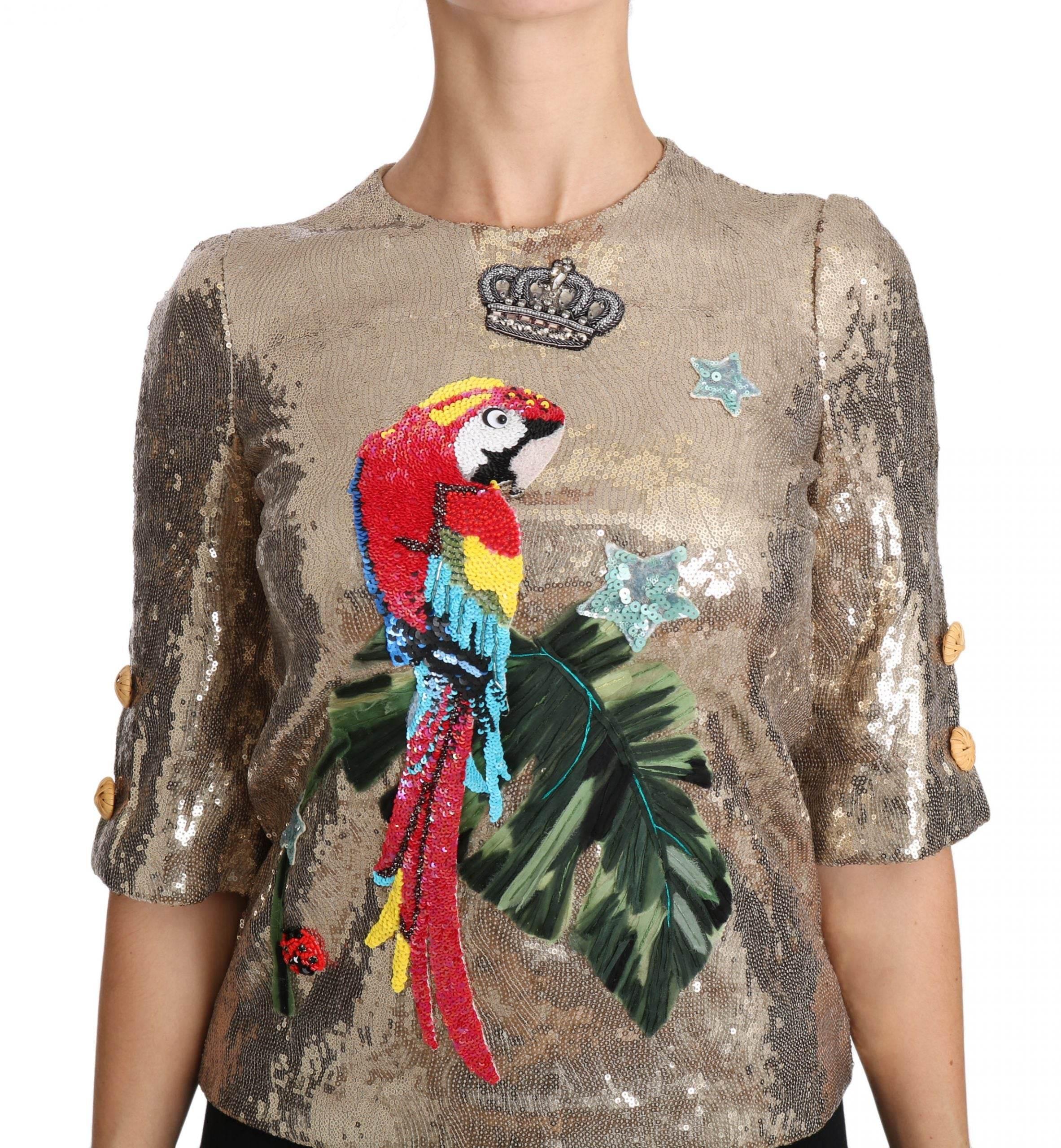 Dolce & Gabbana Gold Sequined Parrot Crystal Blouse - Hilstor
