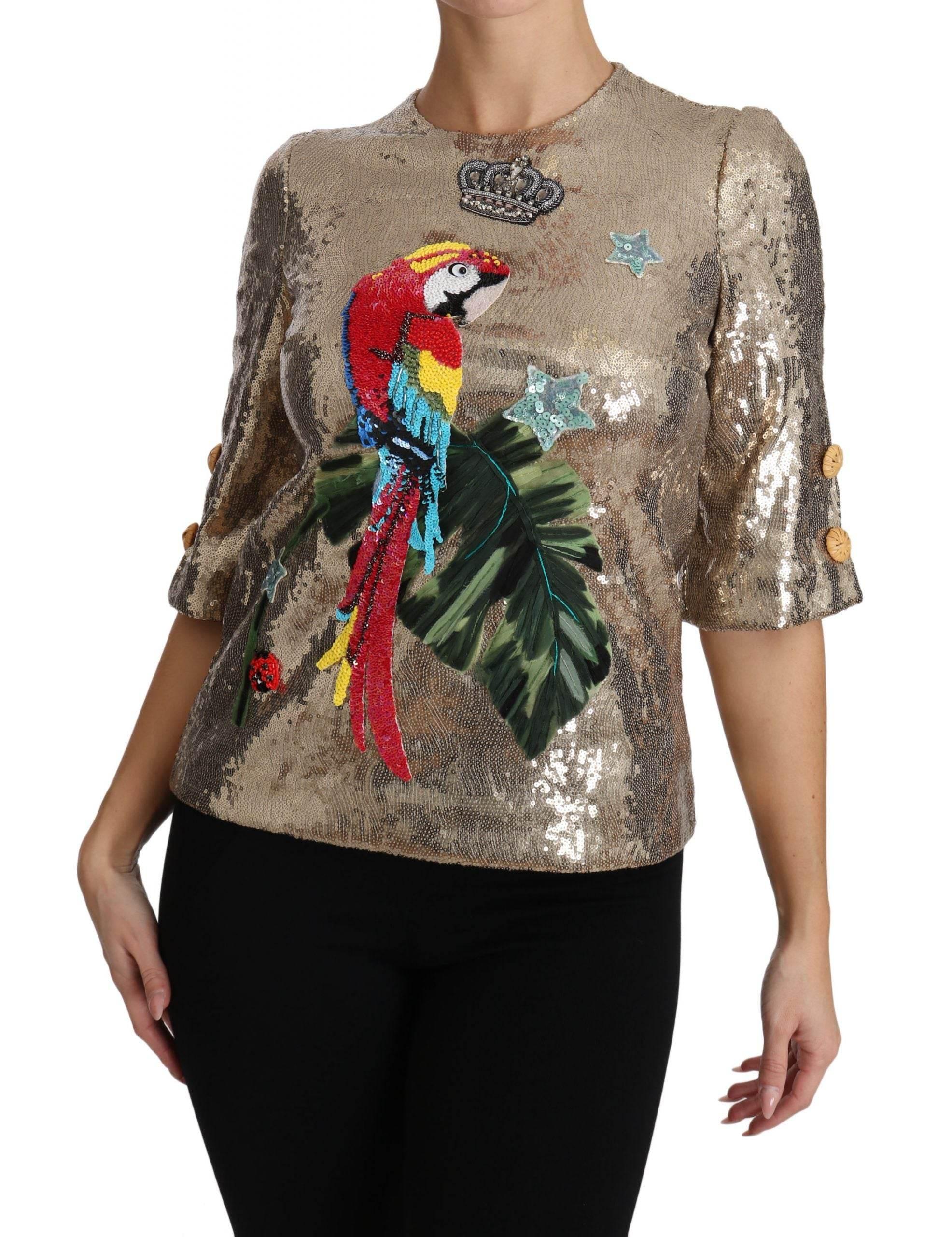 Dolce & Gabbana Gold Sequined Parrot Crystal Blouse - Hilstor