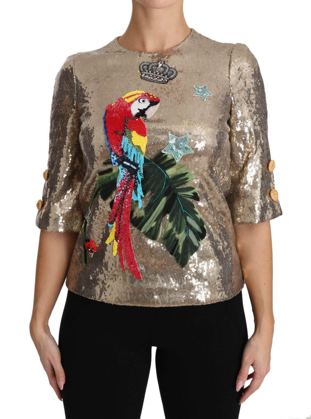 Dolce & Gabbana Gold Sequined Parrot Crystal Blouse - Hilstor