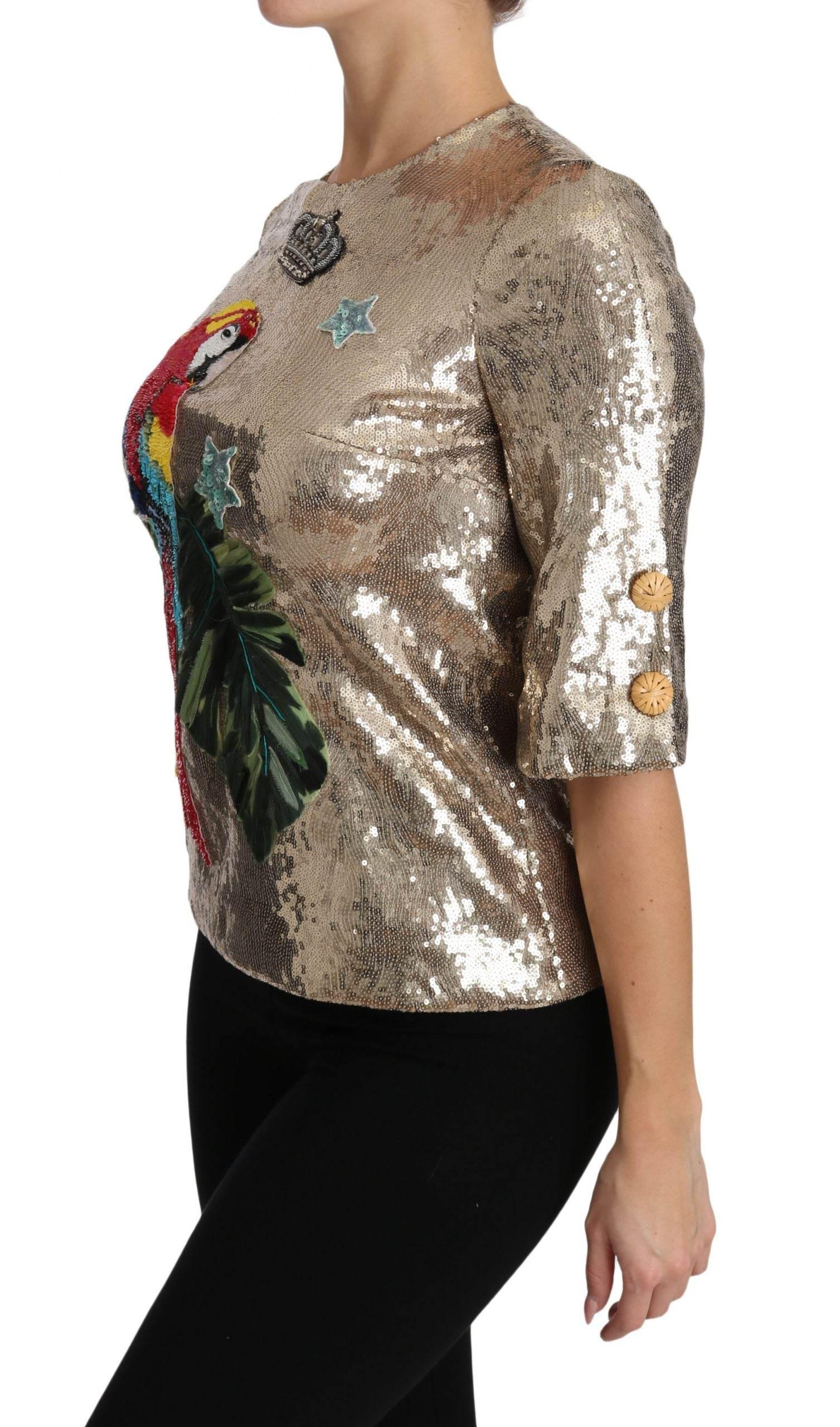 Dolce & Gabbana Gold Sequined Parrot Crystal Blouse - Hilstor