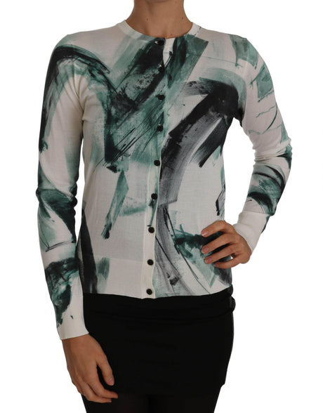 Dolce & Gabbana White Silk Cardigan Lightweight Paint Stroke Sweater - Hilstor