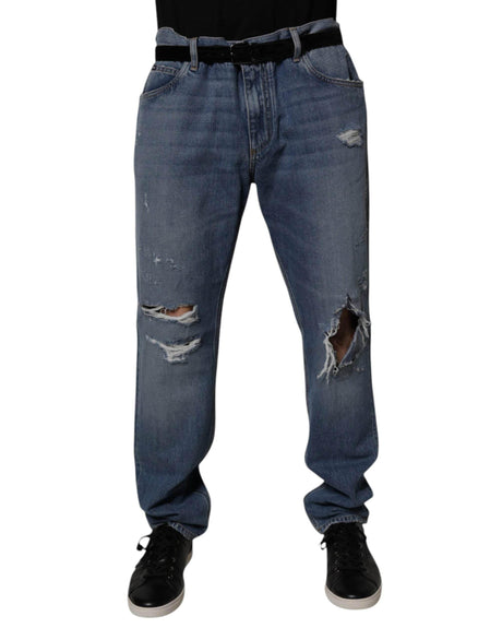 Dolce & Gabbana Blue Tattered Cotton Straight Denim Jeans - Hilstor