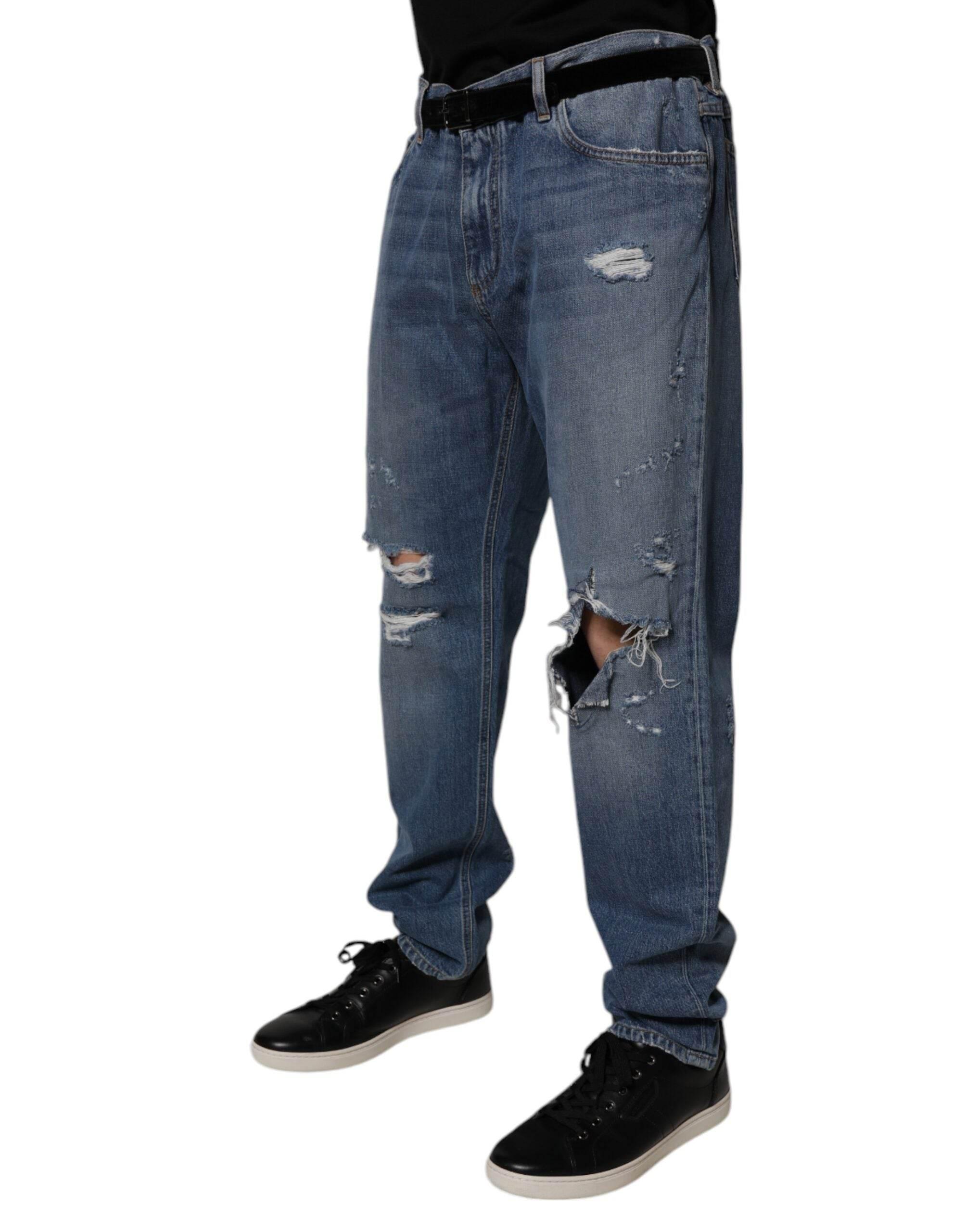 Dolce & Gabbana Blue Tattered Cotton Straight Denim Jeans - Hilstor