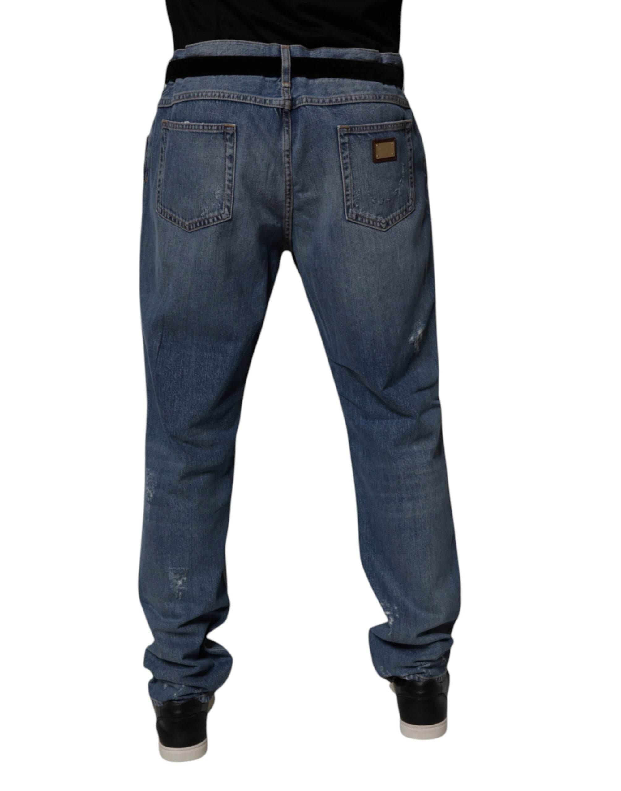 Dolce & Gabbana Blue Tattered Cotton Straight Denim Jeans - Hilstor