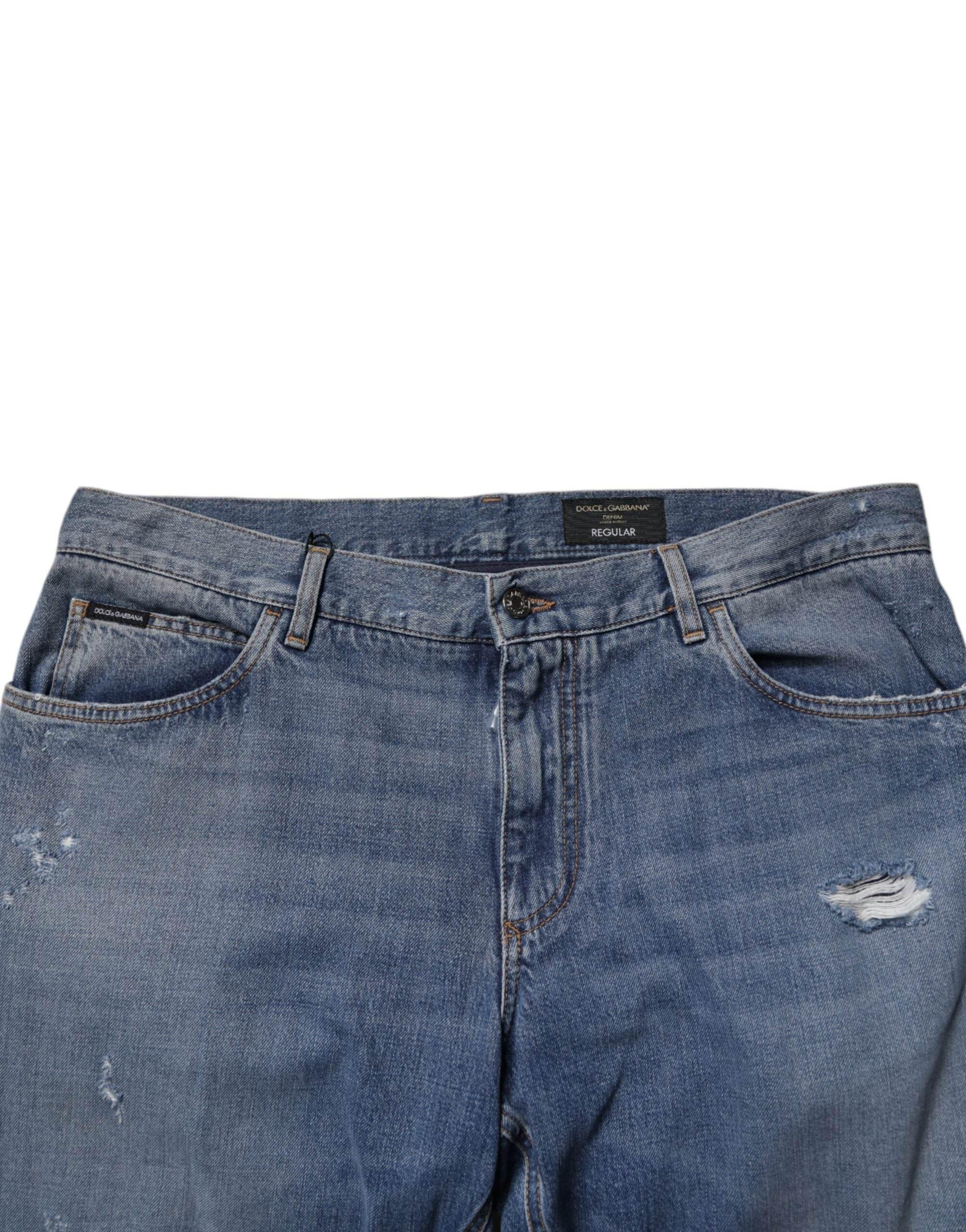 Dolce & Gabbana Blue Tattered Cotton Straight Denim Jeans - Hilstor