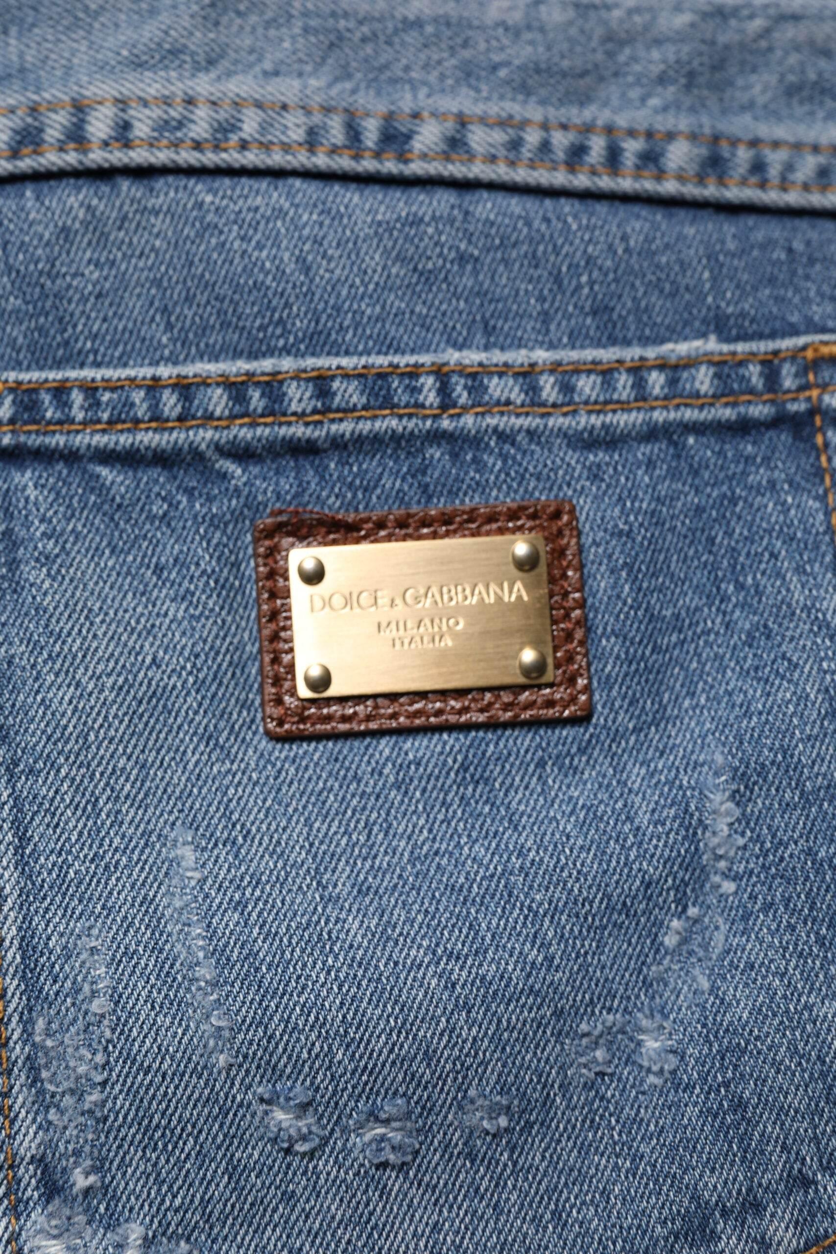 Dolce & Gabbana Blue Tattered Cotton Straight Denim Jeans - Hilstor