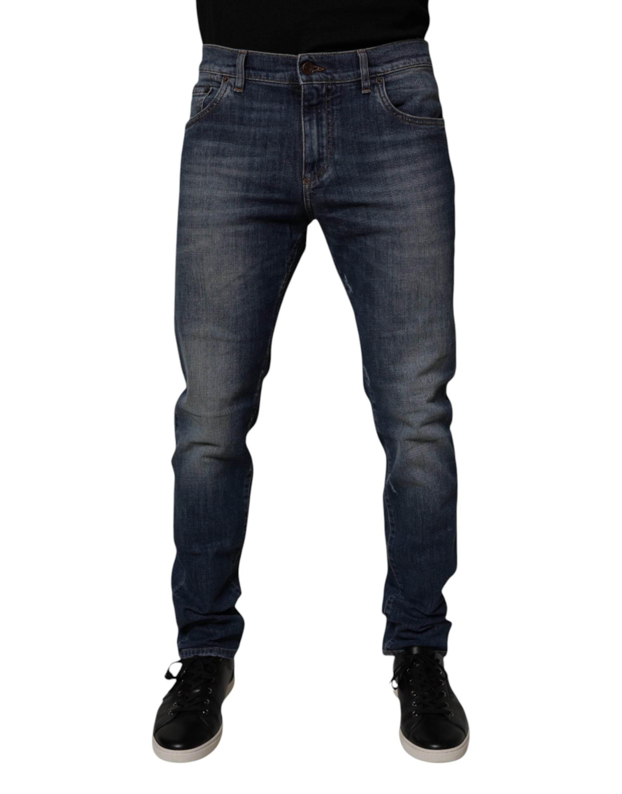 Dolce & Gabbana Dark Blue Cotton Leather Skinny Denim Jeans - Hilstor