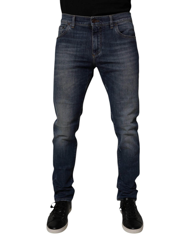 Dolce & Gabbana Dark Blue Cotton Leather Skinny Denim Jeans - Hilstor