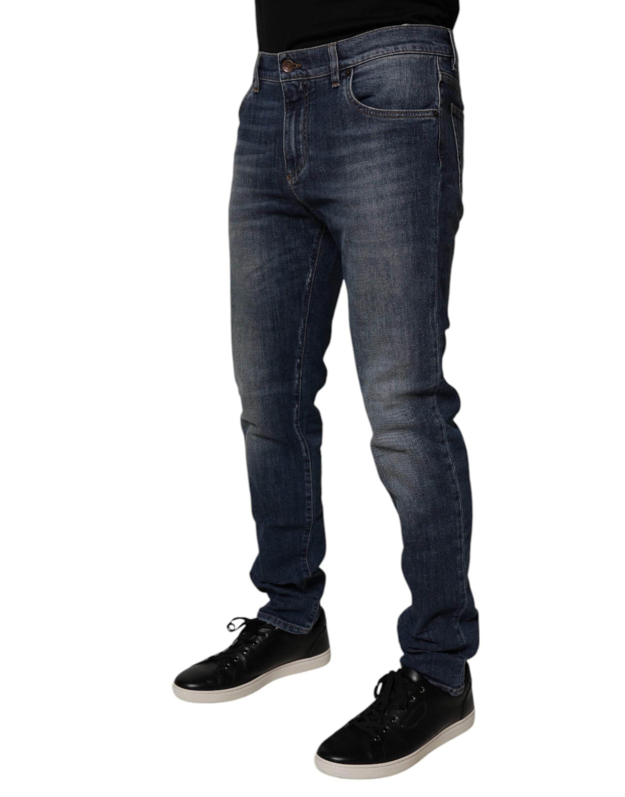 Dolce & Gabbana Dark Blue Cotton Leather Skinny Denim Jeans - Hilstor
