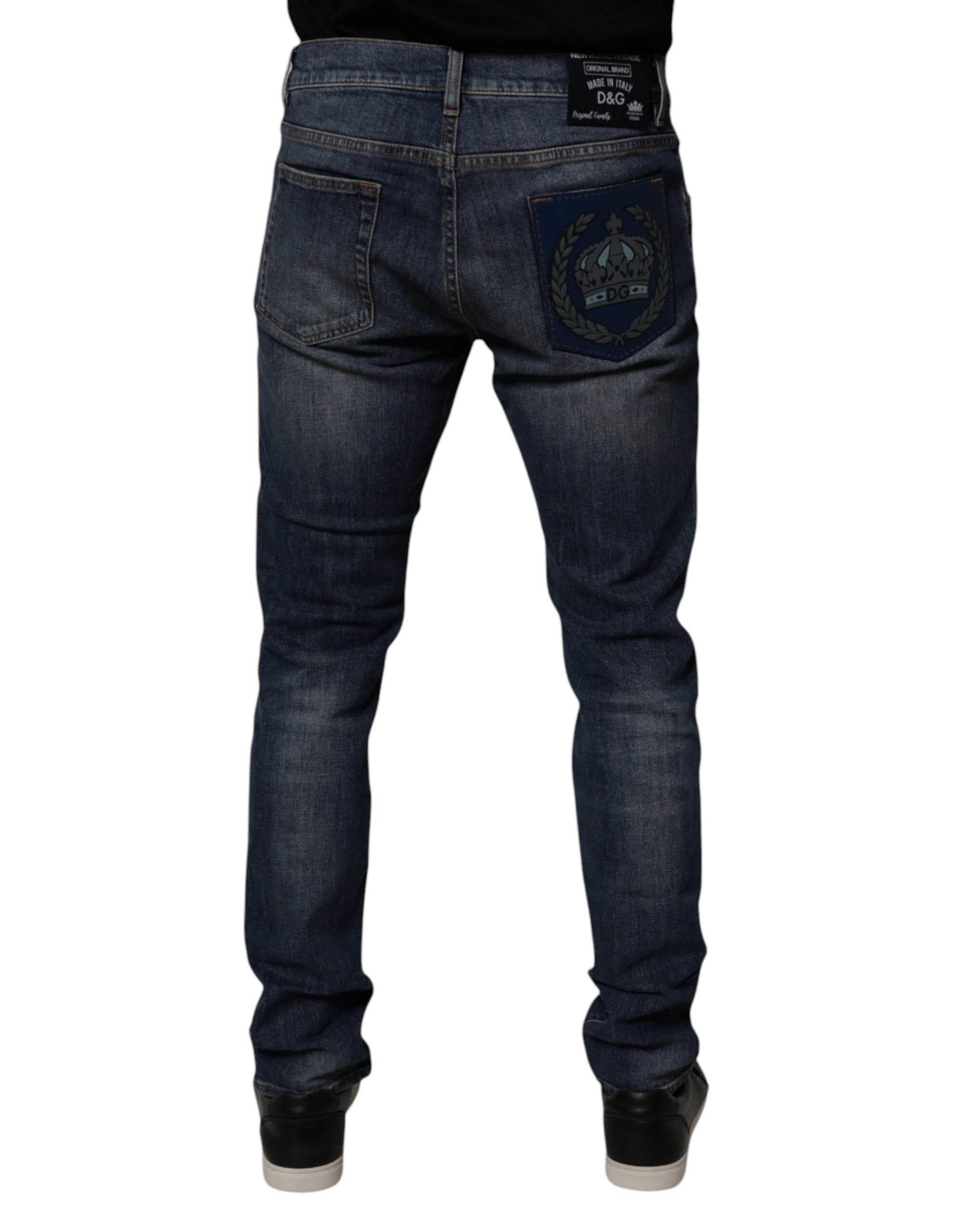Dolce & Gabbana Dark Blue Cotton Leather Skinny Denim Jeans - Hilstor