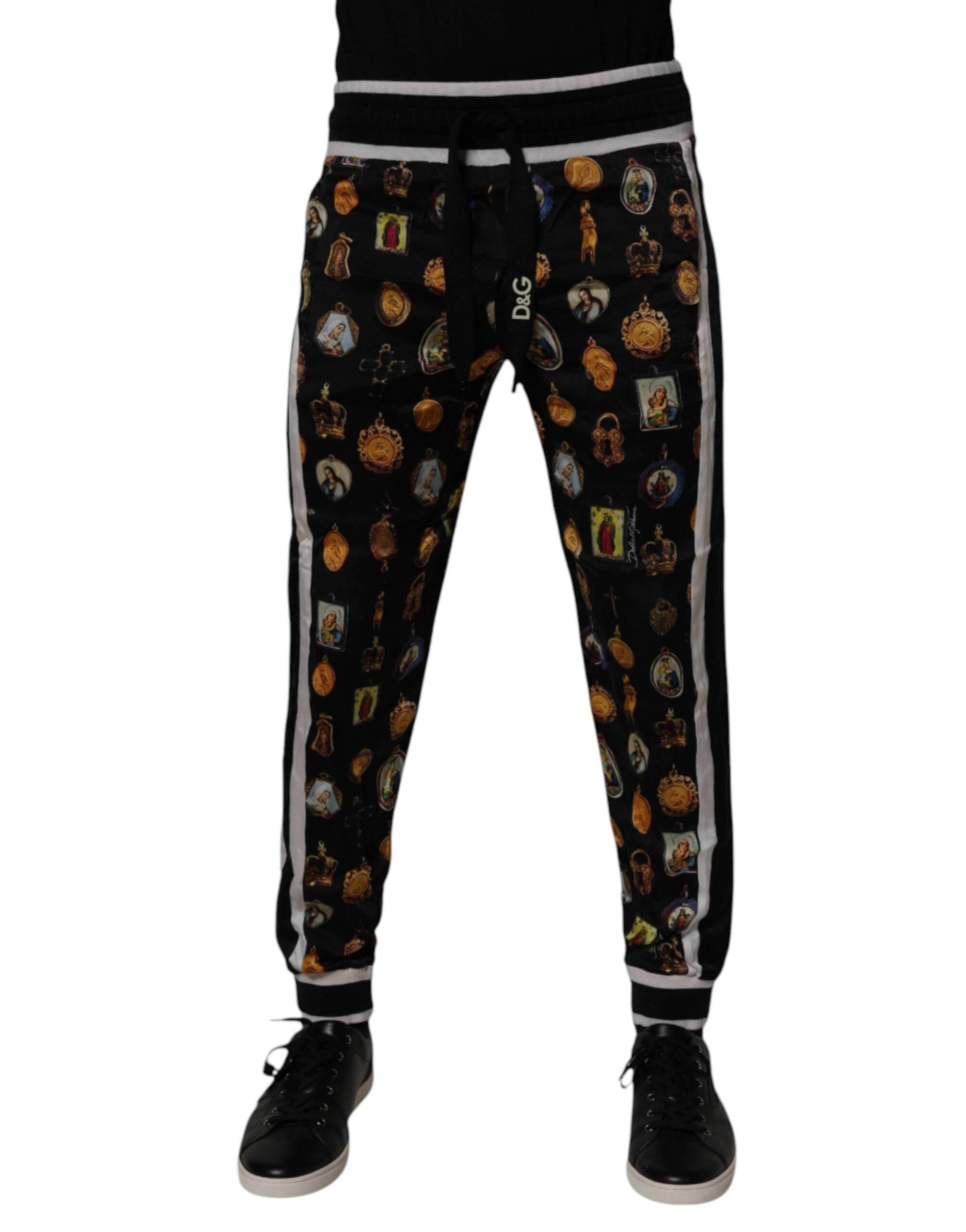 Dolce & Gabbana Black Religious Print Silk Men Jogger Pants - Hilstor