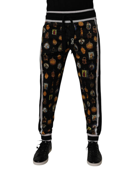 Dolce & Gabbana Black Religious Print Silk Men Jogger Pants - Hilstor